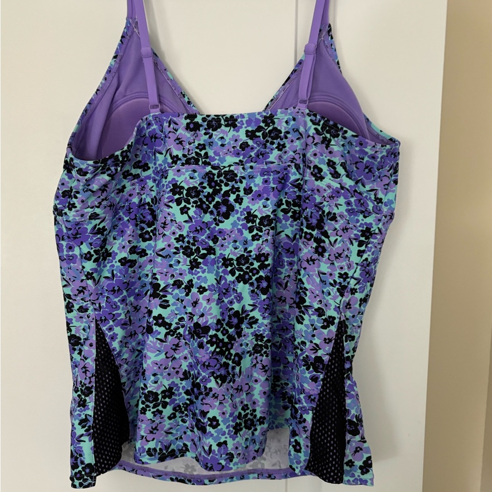 Floral Purple and Blue Spaghetti Strap Tankini Tops - Picture 2 of 10